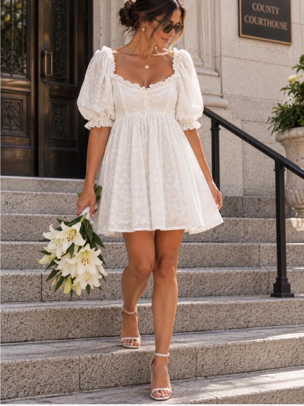 Olivaceous White Eyelet Puff Sleeve Babydoll Mini Dress Coquette Romantic M